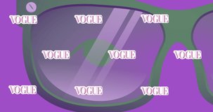 Animation of glasses icon and vogue texts on purple background. fashion and accessories background pattern concept digitally generated video.