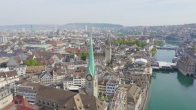 Inscription on video. Zurich, Switzerland. Panorama of the city from the air. Fraumunster Church. Glitch effect text, Aerial View, Point of interest