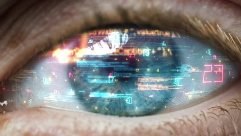 Technology Futuristic Data Stream in Cyberspace Eye Close-up. Modern Science Vision on Innovation. Beautiful Look Holographic Macro AR Simulator in Sight Projection. Online Ai Smart Connect Learning
