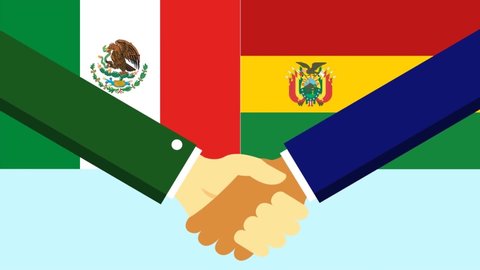 Handshake with two flags Mexico and Bolivia.