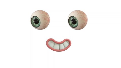 Funny Cartoon Smile Face Reaction with eyes and mouth on White screen background. Facial Expressions 4K Animation. Different expressions and emotions: smile and laugh 3D Animations.