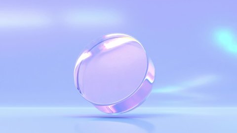 Glass or crystal cylinder with dispersion rainbow light in motion on purple background. Shiny clear round in shape of puck or coin, glossy translucent circle with reflection, 3d render animation