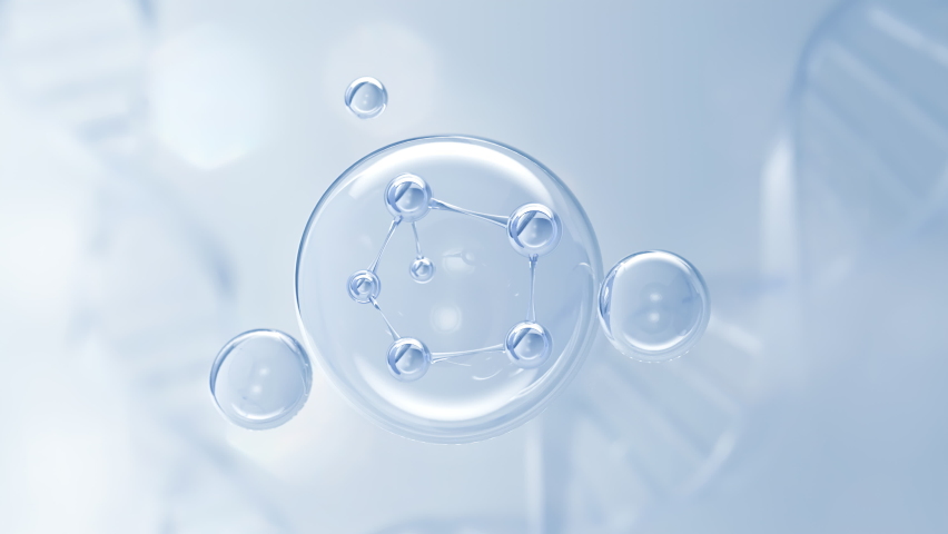 Cosmetic Essence, Liquid bubble, Molecule inside Liquid Bubble on water background.