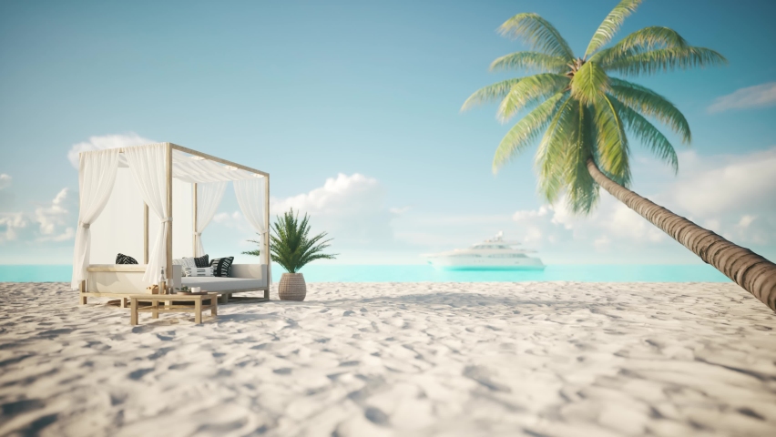 Lounge bed on the beach. Beach beds for relaxation. Canopy bed with palm tree