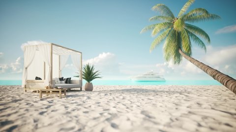 Lounge bed on the beach. Beach beds for relaxation. Canopy bed with palm tree. 3d visualization