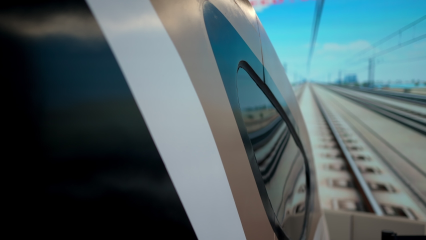Futuristic modern automated train, rails, road, View railroad track from window of fast train. Bullet train on railway track. Future transportation technology concept. Realistic animation. Metro ride Royalty-Free Stock Footage #1087038071