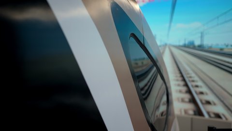 Futuristic modern automated train, rails, road, View railroad track from window of fast train. Bullet train on railway track. Future transportation technology concept. Realistic animation. Metro ride