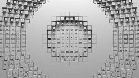 White voxel circle holes and rings diverge from the center of screen. Abstraction on green chroma key, 3D animated intro.