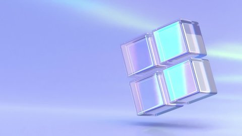 Glass square composition of crystal cubes or blocks with light dispersion and refraction effect. Clear boxes of acrylic or plexiglass in motion, isolated on purple background, 3d render animation