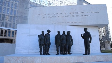 Washington, DC - USA - February 11 2022: The D-Day, World War II sculpture within the Dwight D. Eisenhower Memorial. The camera pans from left to right. 