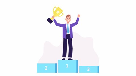 Businessman holding golden trophy cup. Cartoon style animation. first place concept, success, win, champion reward. Business achievement, Competition winner, celebration. Happy office worker