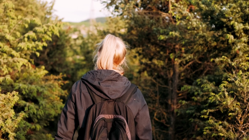 Young Girl Walking Hiking Path Natural National Park. Outdoor Recreation Activity Vacation Travel. Hiking Person Travelling Walking Hiking Trail Forest. Hiking Trail.