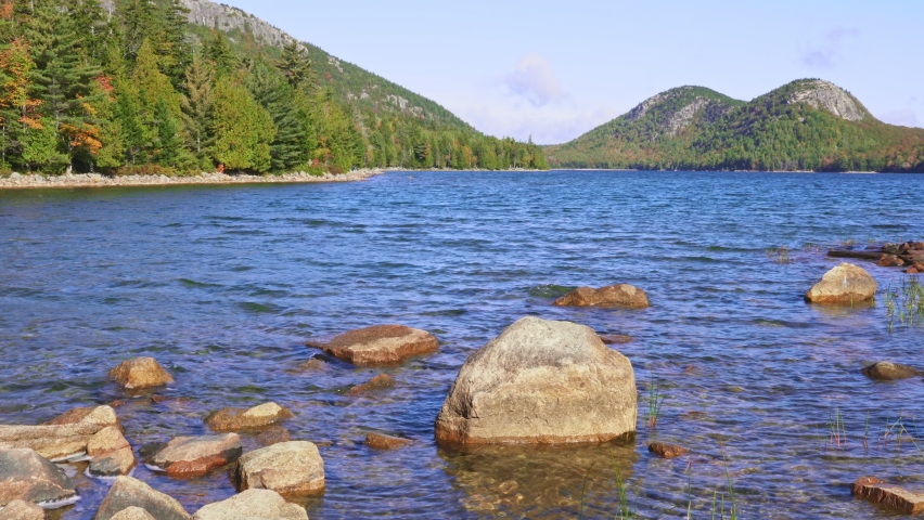 Scenic view of Jordan Pond in Acadia National Park in Maine