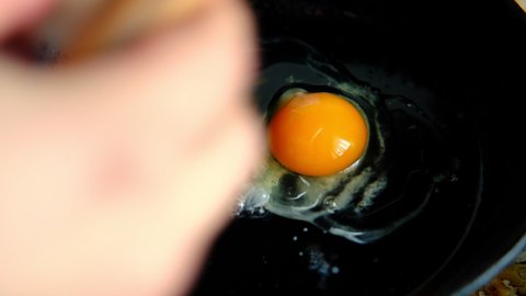 An egg is fried in a pan. Cooking.
