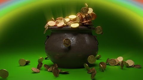 Saint Patrick’s day greeting animation. Lots of golden coins appearing from inside of magic pot, bright rainbow on background. Traditional Irish symbol of success, luck. Leprechaun’s gold 3D Render 4K