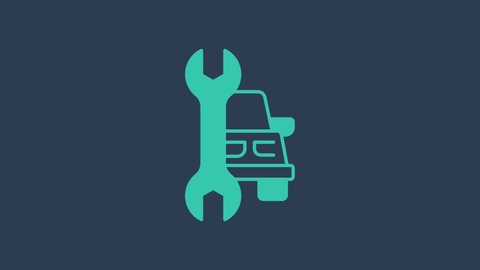Turquoise Car service icon isolated on blue background. Auto mechanic service. Repair service auto mechanic. Maintenance sign. 4K Video motion graphic animation.