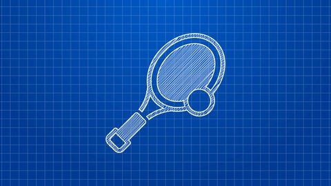 White line Tennis racket with ball icon isolated on blue background. Sport equipment. 4K Video motion graphic animation.