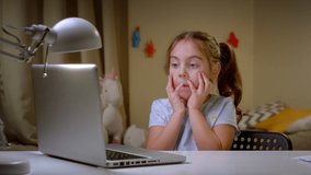 Preschool girl is scared of a horror movie that is watching on a laptop. Child is scared at home sitting at the computer. scared little girl covers her face with her hands from a horror movie.