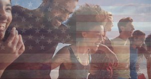 Animation of flag of united states of america over happy diverse friends on beach. american patriotism and independence concept digitally generated video.