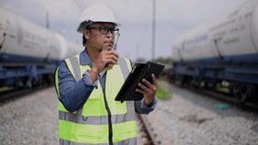 Video Engineer railway under checking construction process oil cargo train and checking railway work on railroad station with tablet  .Engineer wearing safety uniform and safety helmet in work.