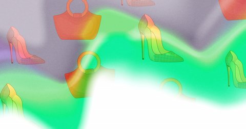 Animation of bags and stiletto shoes on glowing wave background. online retro fashion and communication concept digitally generated video.