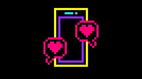 Animated cellphone neon pixels for valentine's day on green screen background.
