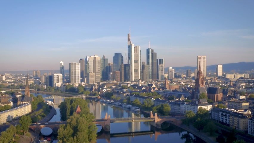 FRANKFURT, GERMANY. Aerial View by day. Futuristic skyline of the business and financial centre of Frankfurt am Main. Landmark of Western Europe. (Summer 2021, Original 4K) Royalty-Free Stock Footage #1087071908