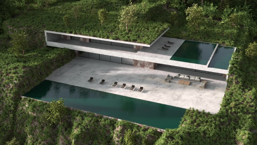 HD video modern minimalism style architecture design. House terrace and swimming pool. Nature landscape and forest. 3d render illustration exterior. | Shutterstock HD Video #1087076231