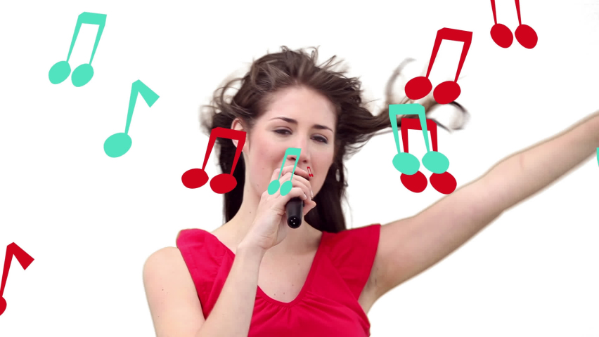 Animation of notes floating over caucasian woman singing. music, dance, party concept digitally generated video.