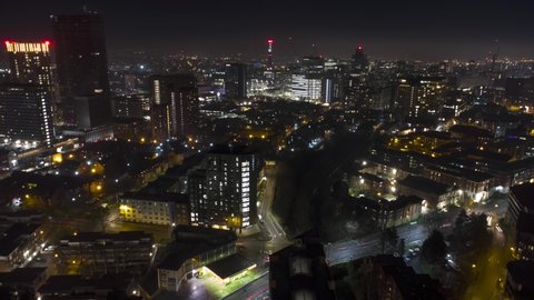 BIRMINGHAM, UK - 2022: Aerial timelapse of Birmingham city centre at night