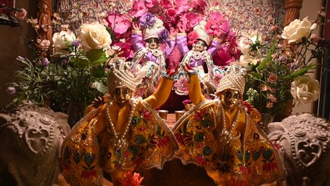 Altar in the Hare Krishna temple, close up. Deities. Home altar for deity worship.