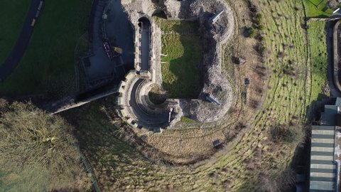 DUDLEY, UK - 2022: Top down aerial view of Dudley castle in the Black country