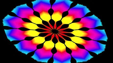 Chalices of flowers and others object, colored in gradient of gold; yellow; turquoise; blue; purple; red. This animated decorative design, on a transparent background is a reusable video.