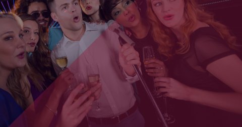 Animation of stars and american football player over happy diverse group of friends drinking in bar. party and celebration concept digitally generated video.
