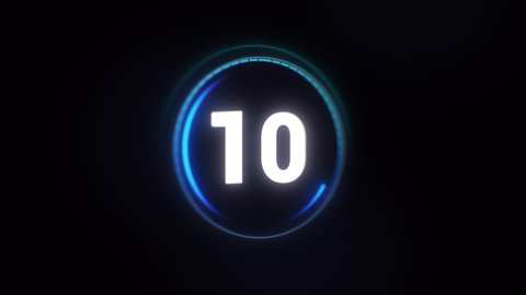 10 to 0 Neon Light Countdown. Futuristic Glowing circles on black background. Top ten counter. 10 second timer in bright blue Digital Hi-tech interface.