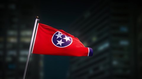 Tennessee Flag Waving at night. United States slow motion footage. 3d render animation 4k.