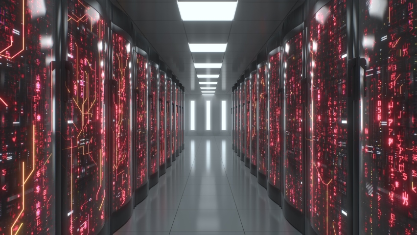 Red color symbols and connections on server racks. Working big data center visualisation - Powered by Shutterstock - Get 15% off with code: PIKWIZARD15