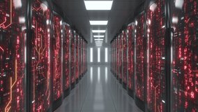 Red color symbols and connections on server racks. Working big data center visualisation - Powered by Shutterstock - Get 15% off with code: PIKWIZARD15