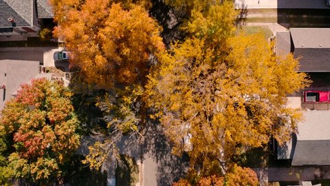 4K overhead Drone shot of charming riverside neighborhood with colored trees in Autumn - Wichita Kansas