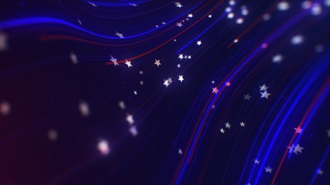 USA colors, white stars, red and blue stripes quick wavy abstract motion design background. Independence Day Patriotic Backdrop. For news, President day and election concept. Seamless looping.