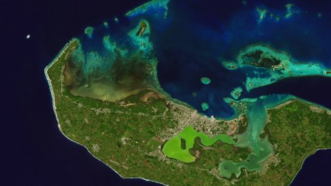 Tonga island surface time lapse before and after volcano eruption dust and ash, aerial satellite view from space. Based on image from Nasa