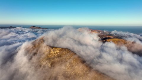 Top view of Lanzarote volcanoes. Drone flight over Lanzarote island