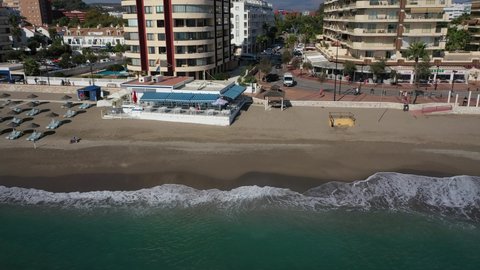 Aerial 4K video from drone to Fuengirola City Costa del Sol of Fuengirola beachfront  
Mediterranean Sea Fuengirola ,Malaga ,Spain
