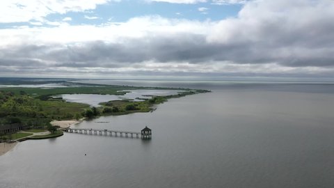 Aerial View Of Fontainebleau Beach Pier In Lake Pontchartrain Basin, Mandeville, Louisiana.