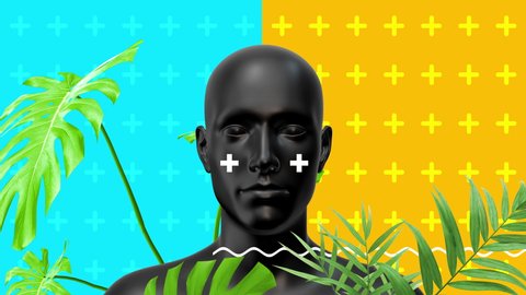 Minimal graphic colorful psychedelic design. Human body abstract art concept with geometric shapes and plants. Realistic 3d character man or woman in creative modern motion style. Fashion animation.