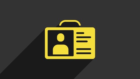 Yellow Identification badge icon isolated on grey background. It can be used for presentation, identity of the company, advertising. 4K Video motion graphic animation.