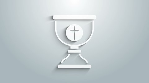 White Christian chalice icon isolated on grey background. Christianity icon. Happy Easter. 4K Video motion graphic animation.
