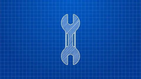 White line Wrench spanner icon isolated on blue background. Spanner repair tool. Service tool symbol. 4K Video motion graphic animation.