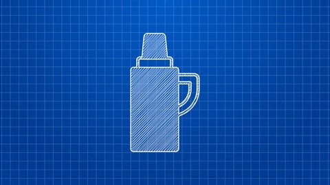 White line Thermos container icon isolated on blue background. Thermo flask icon. Camping and hiking equipment. 4K Video motion graphic animation.