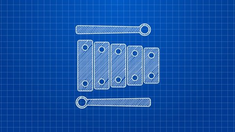 White line Xylophone - musical instrument with thirteen wooden bars and two percussion mallets icon isolated on blue background. 4K Video motion graphic animation.